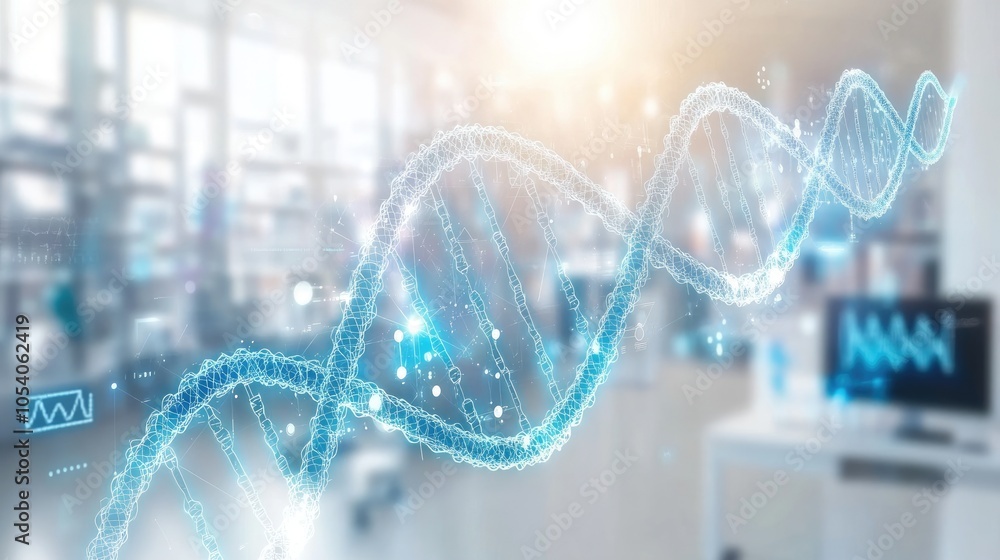 Poster futuristic biotech lab with dna strands displayed digitally on multiple screens