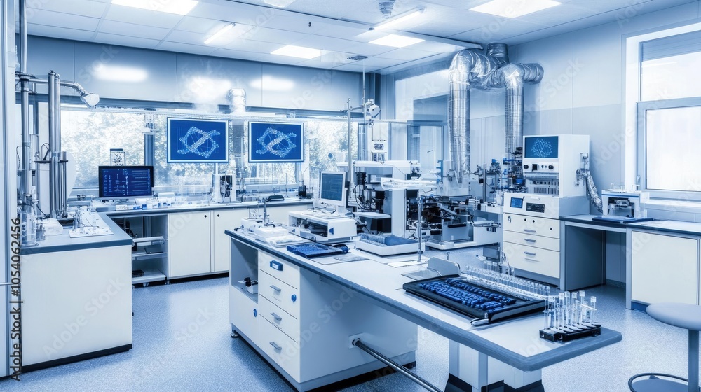 Poster futuristic biotech lab with dna strands displayed digitally on multiple screens