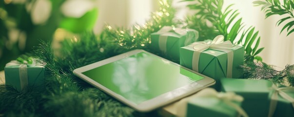 Obraz premium Eco-Friendly Tablet Display on a Green Background