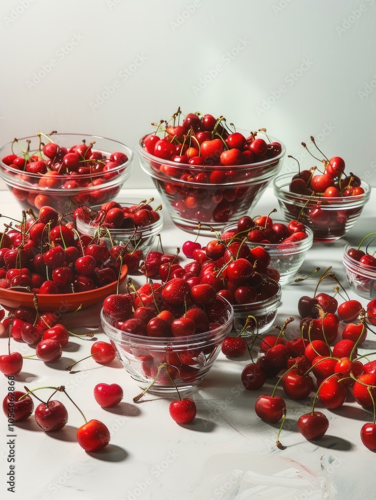 Poster bunch of cherries are spread out in a row in several bowls. the bowls are arranged in a way that cre