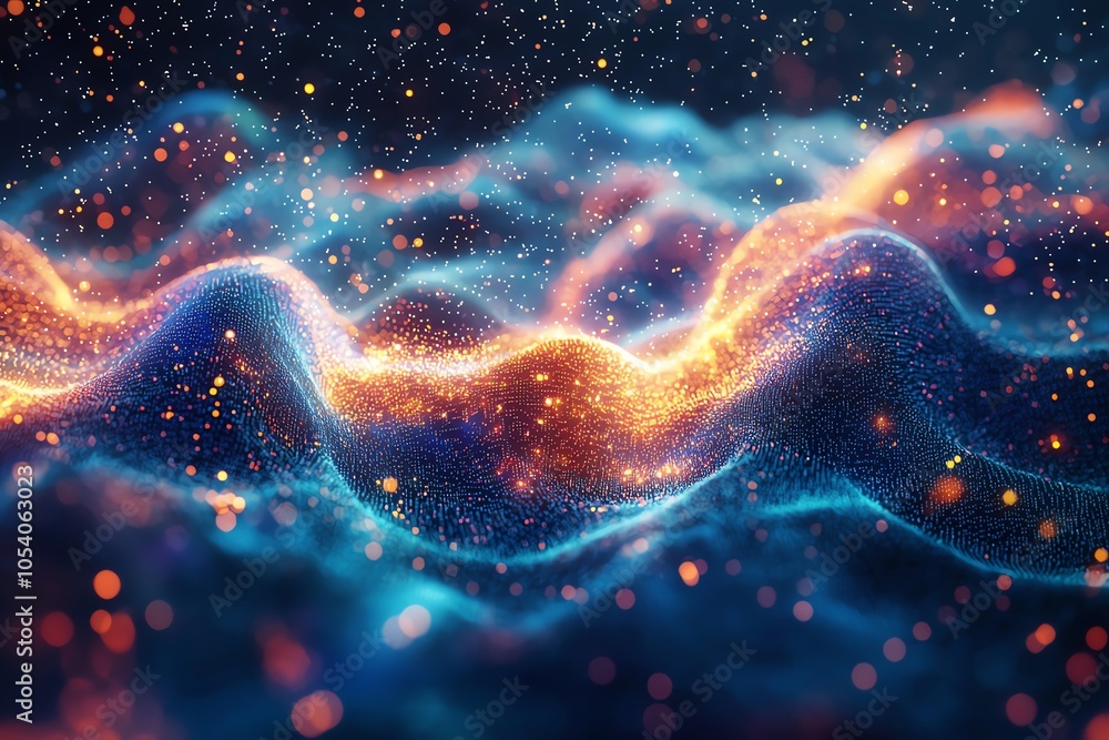 Poster a vibrant abstract representation of waves in a cosmic background, glowing with colors and particles