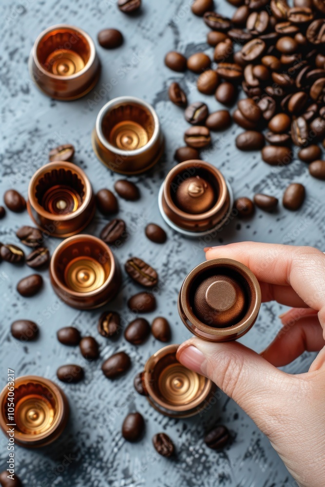 Poster person is holding a small object in front of a pile of coffee beans. concept of curiosity and explor