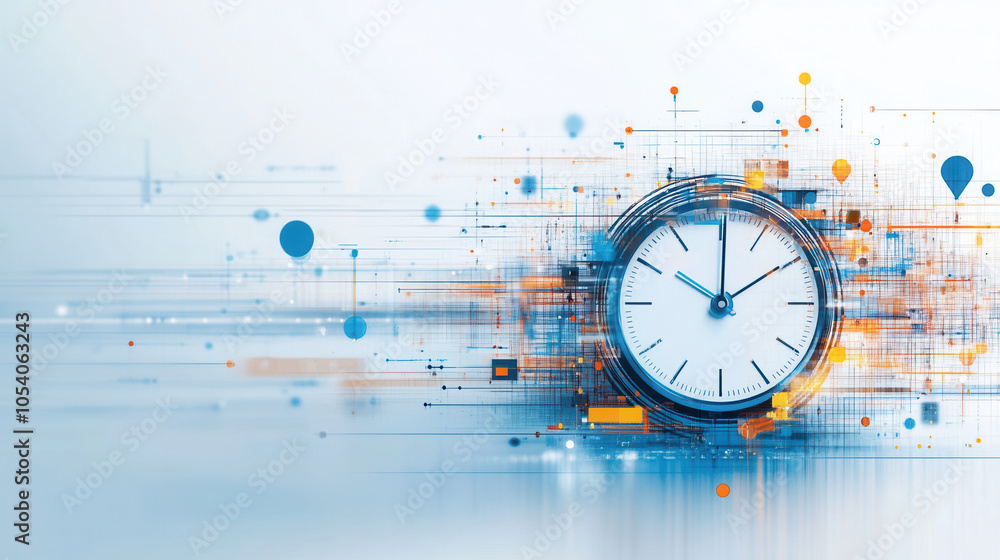 Poster digital clock is depicted, surrounded by vibrant abstract elements representing time and technology.