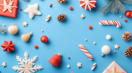 Fototapeta premium Cheerful Christmas decorations on blue background, featuring festive ornaments, candy canes, and pine cones, creating joyful holiday atmosphere