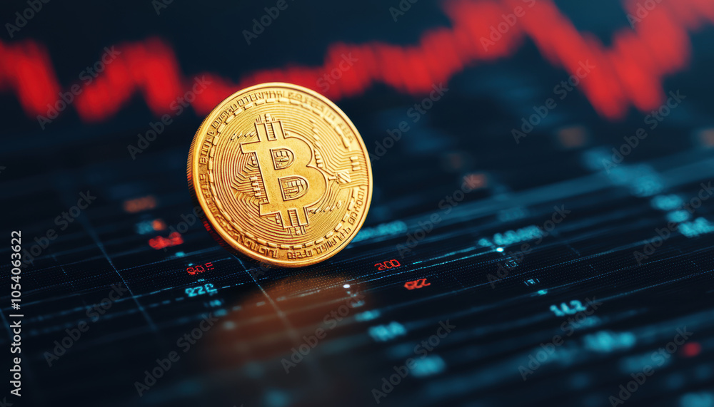 Poster a gold bitcoin coin rests in front of a fluctuating red graph, symbolizing the volatility of cryptoc
