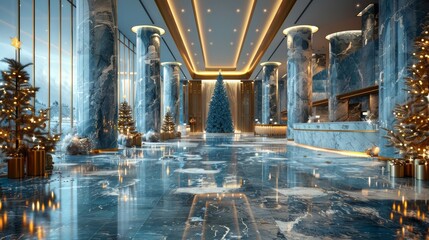 Obraz premium A luxurious hotel lobby decorated for Christmas with a large Christmas tree, blue marble floors, and large windows overlooking a snowy cityscape.