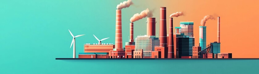 Obraz premium A vibrant illustration of an industrial landscape with smokestacks and wind turbines, symbolizing energy and environmental contrast.