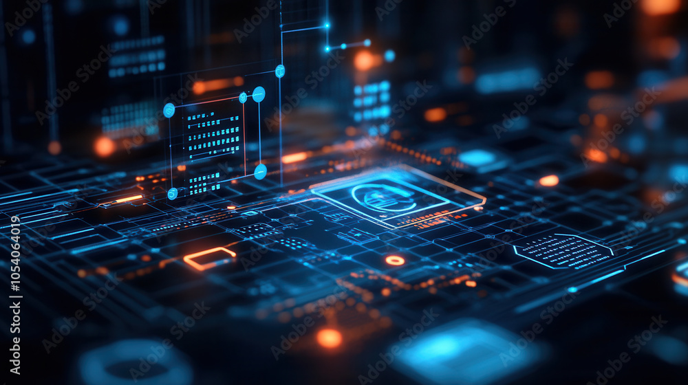 Poster digital landscape featuring glowing icons and circuits, representing various technologies and data p