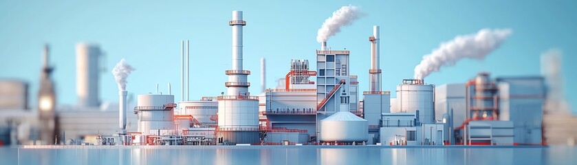 Obraz premium A vibrant industrial landscape featuring smokestacks and chimneys against a clear blue sky, showcasing modern manufacturing processes.