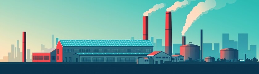 Obraz premium A vibrant industrial landscape featuring smokestacks and factories against a colorful sky, symbolizing modern manufacturing.