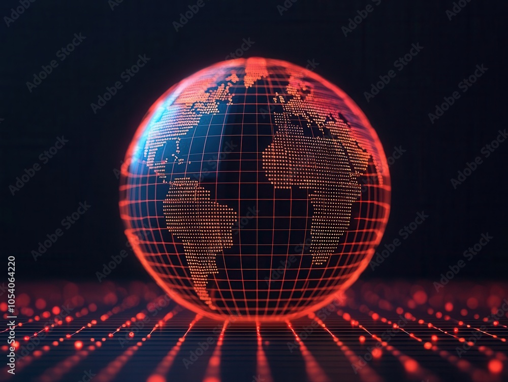 Poster a glowing, digital representation of earth in red hues, set against a dark background with grid patt