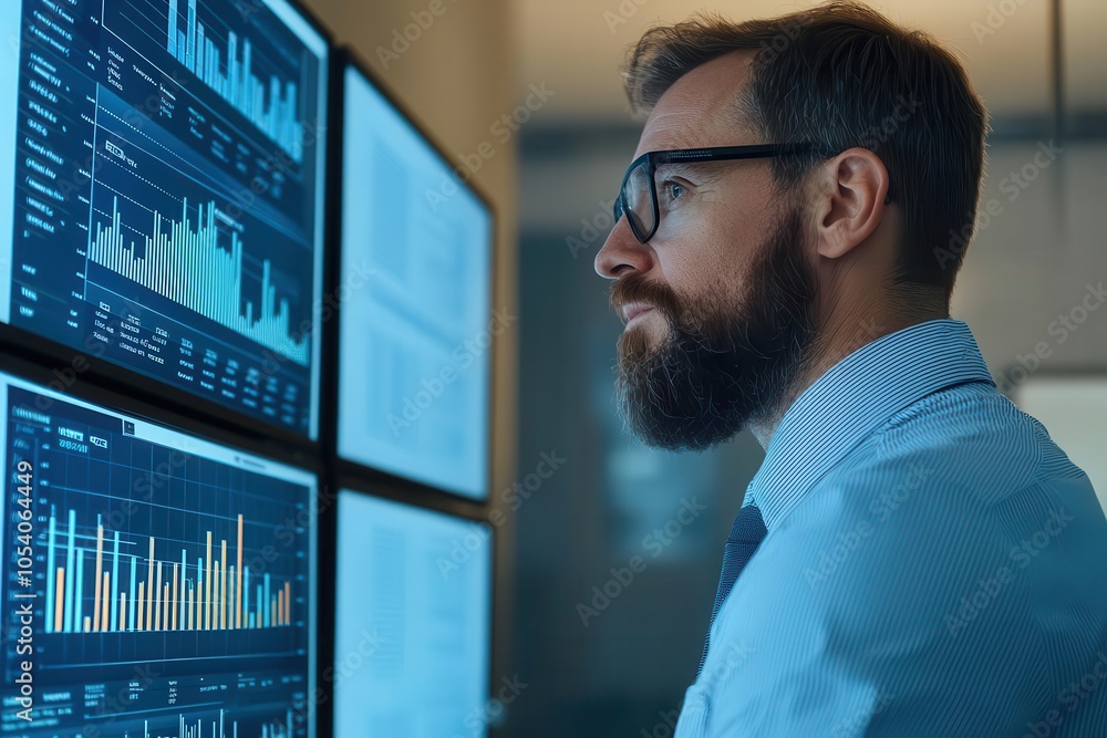 Poster a focused professional analyzes data on multiple screens, surrounded by visual graphs and charts, in