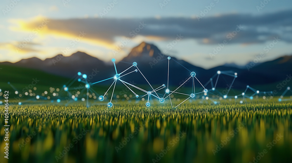 Poster digital landscape featuring interconnected nodes over grassy field, with mountains in background and