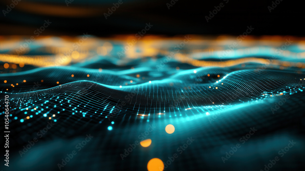 Poster digital landscape with interconnected nodes creates mesmerizing visual experience, showcasing vibran