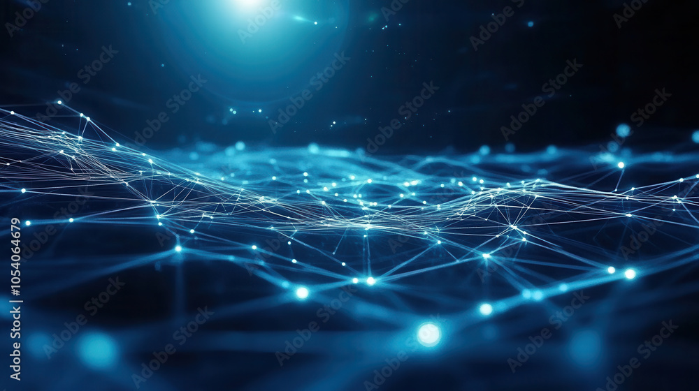 Poster digital landscape with interconnected nodes creates mesmerizing visual of technology and innovation.