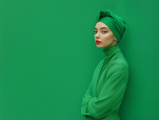 Moda - kobieta w zielonym stroju na zielonym tle