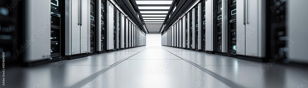Poster a sleek, modern data center with rows of servers and a bright corridor, showcasing advanced technolo