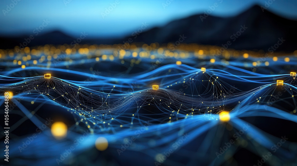 Poster digital landscape with interconnected nodes creates mesmerizing visual of flowing blue waves and glo