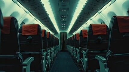 Fototapeta premium Empty airplane cabin with neatly arranged seat rows, tray tables up and seatbelts fastened, in bright, airy lighting