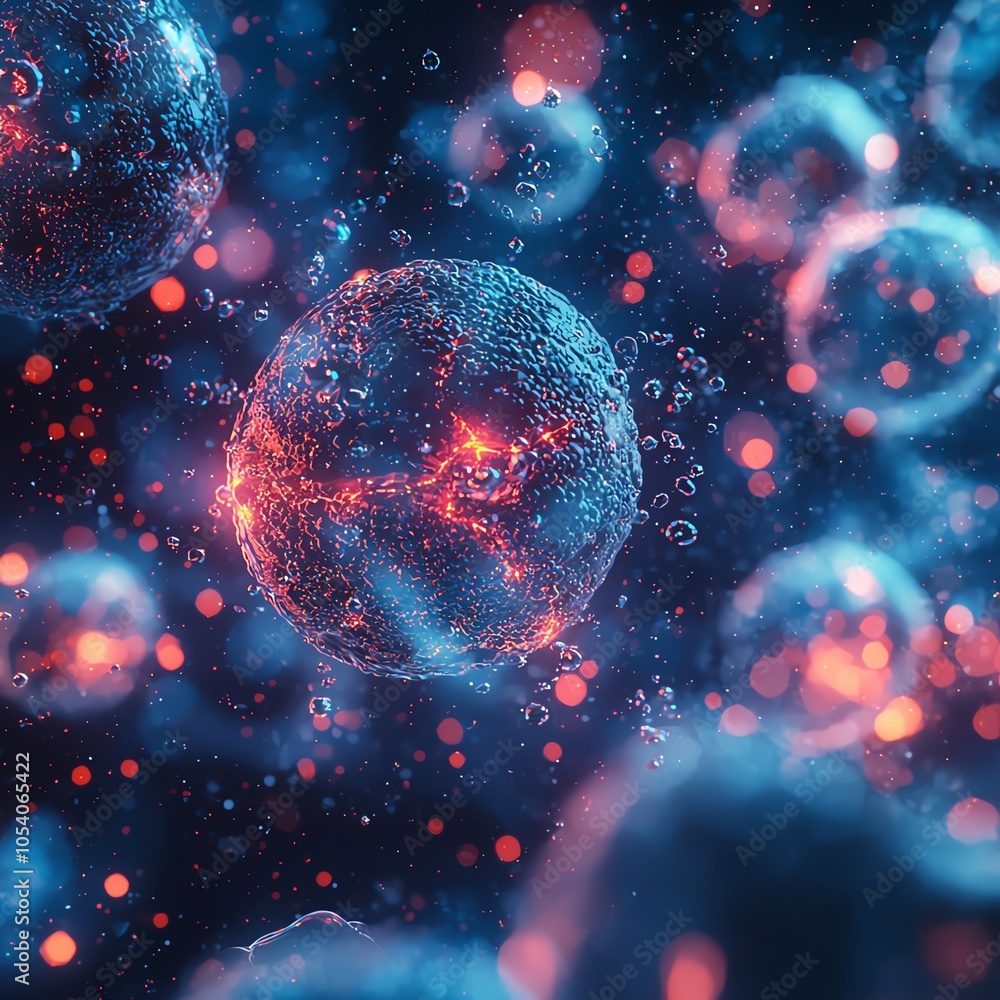 Poster abstract depiction of vibrant cells in a microscopic view, showcasing intricate details and glowing 