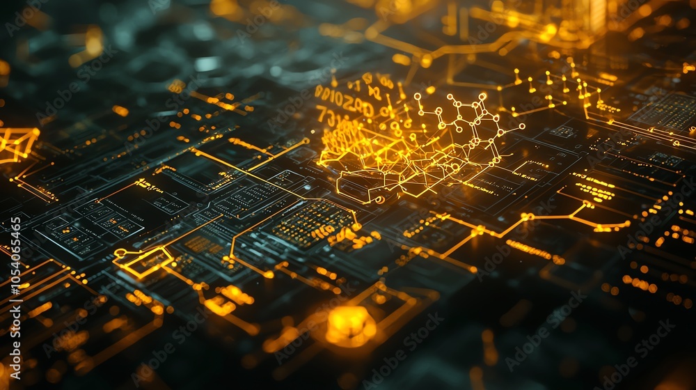 Poster abstract digital circuit board with glowing yellow elements, representing technology, innovation, an