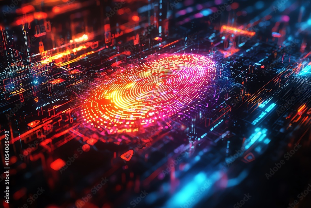Poster abstract digital fingerprint representation, showcasing vibrant colors and intricate patterns, symbo