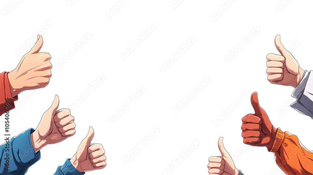 Aufkleber illustration of various hands showing thumbs up in manga style, expressing approval and positivity. 