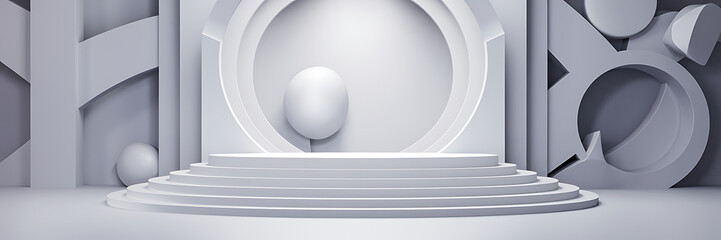 Abstract white geometric shapes and a podium for product display  minimalist modern design  perfect for showcasing products and branding   