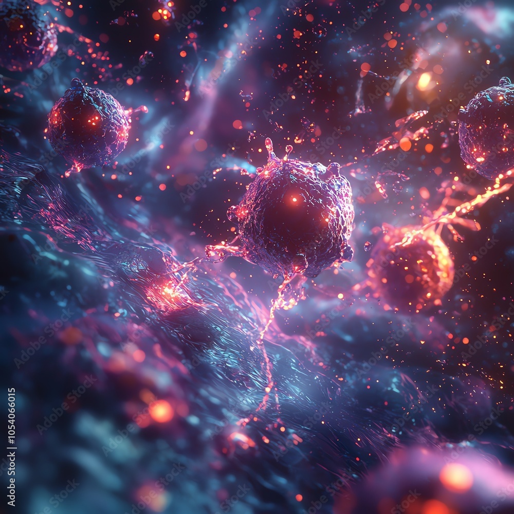 Poster abstract visualization of vibrant cells in a cosmic environment, showcasing dramatic colors and dyna