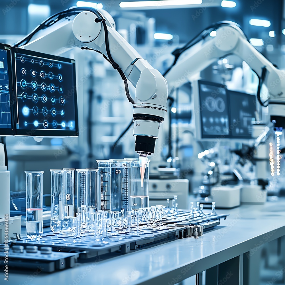 Poster advanced laboratory featuring robotic arms working with glassware and high-tech screens in a modern,