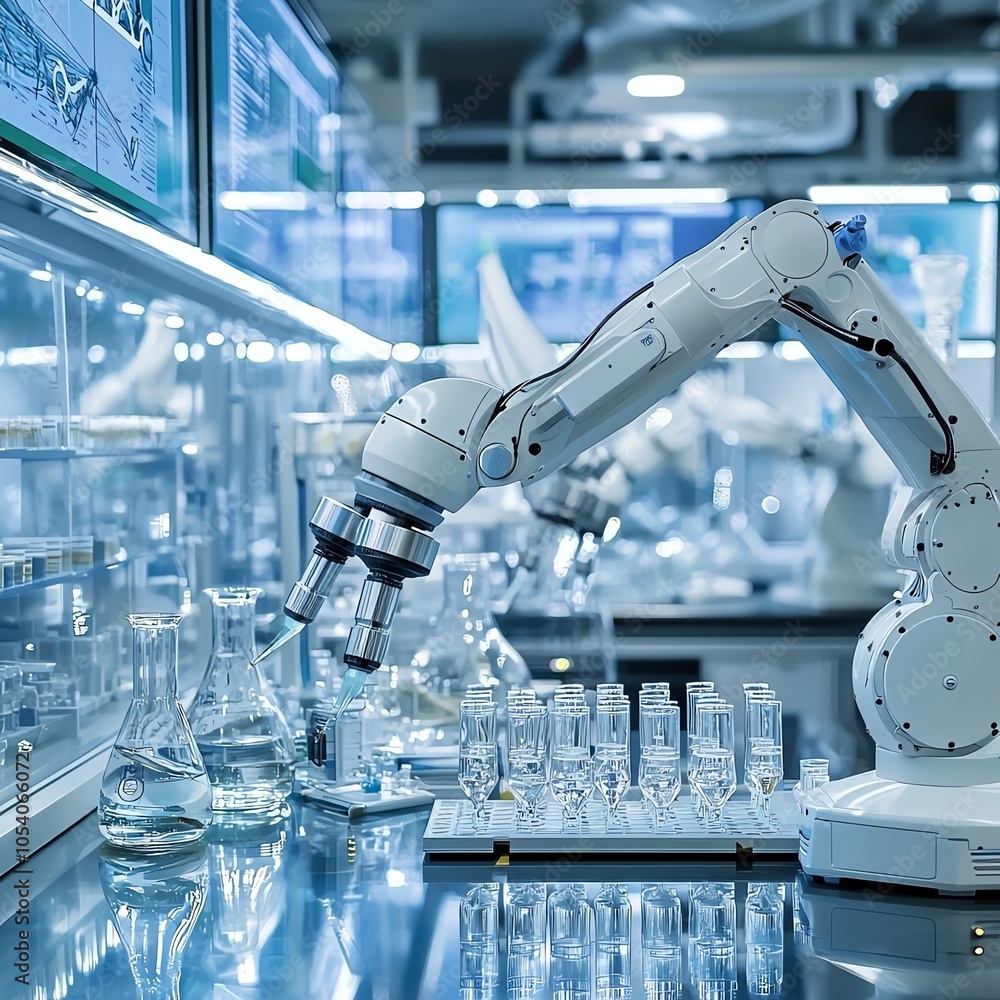 Poster advanced robotic arm in a modern laboratory conducting experiments with various glass medical contai