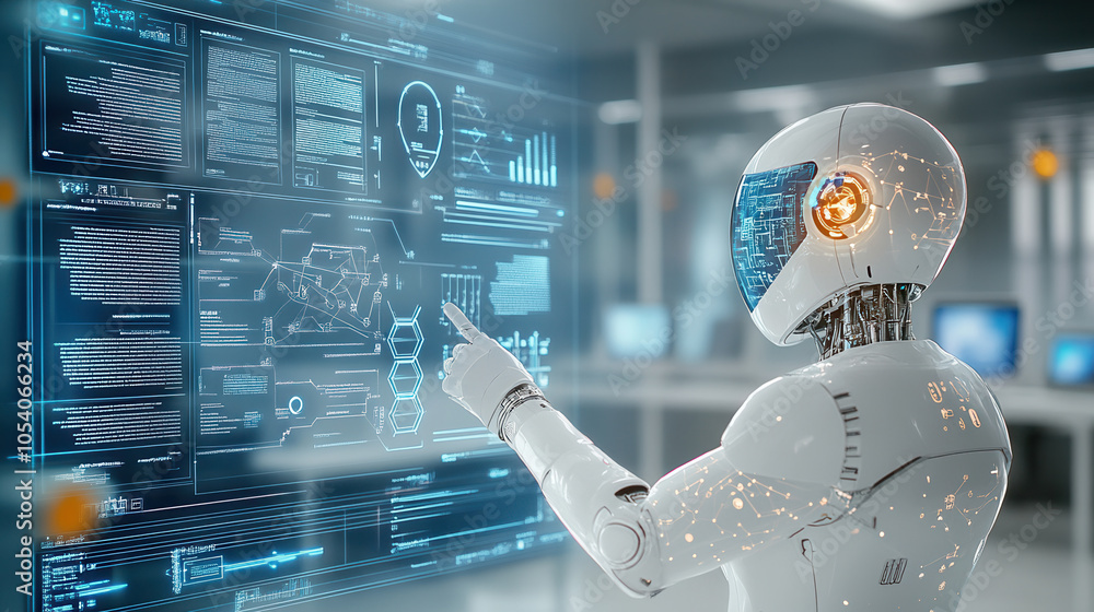 Aufkleber futuristic office featuring digital assistant interacting with advanced technology. robots design sh