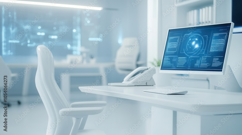 Poster modern office space featuring sleek desk with computer displaying digital data, telephone, and minim
