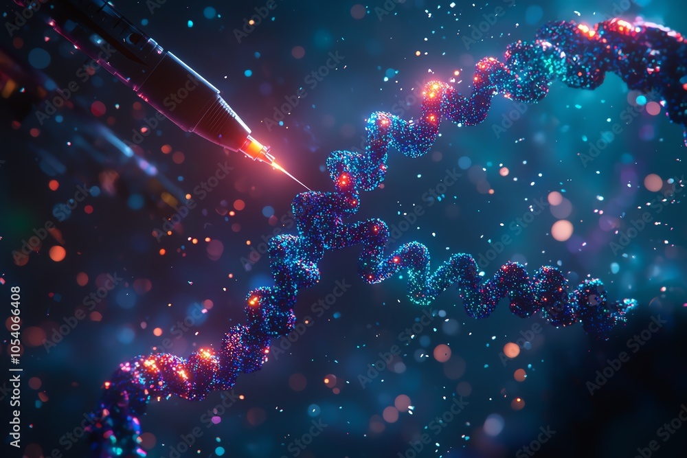 Poster an abstract representation of dna, illustrating cellular structure with vibrant colors and cosmic el