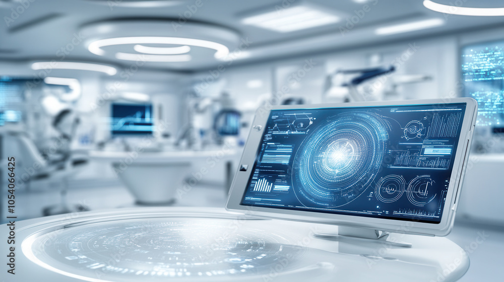 Poster futuristic office featuring digital assistant on sleek monitor, showcasing advanced technology and d
