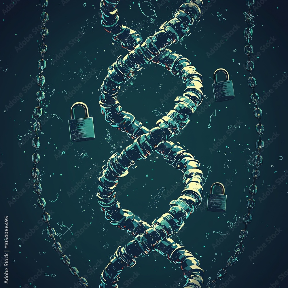 Poster an artistic representation of dna with locks, symbolizing data security and privacy in genetic infor