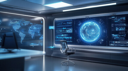 Obraz premium futuristic office featuring advanced technology and digital assistant interface, with sleek chair and interactive screens displaying data and maps