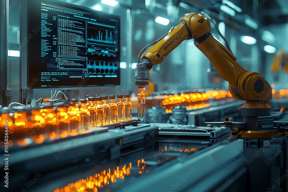 Poster automated production line featuring a robotic arm working with glowing glass bottles in a modern ind