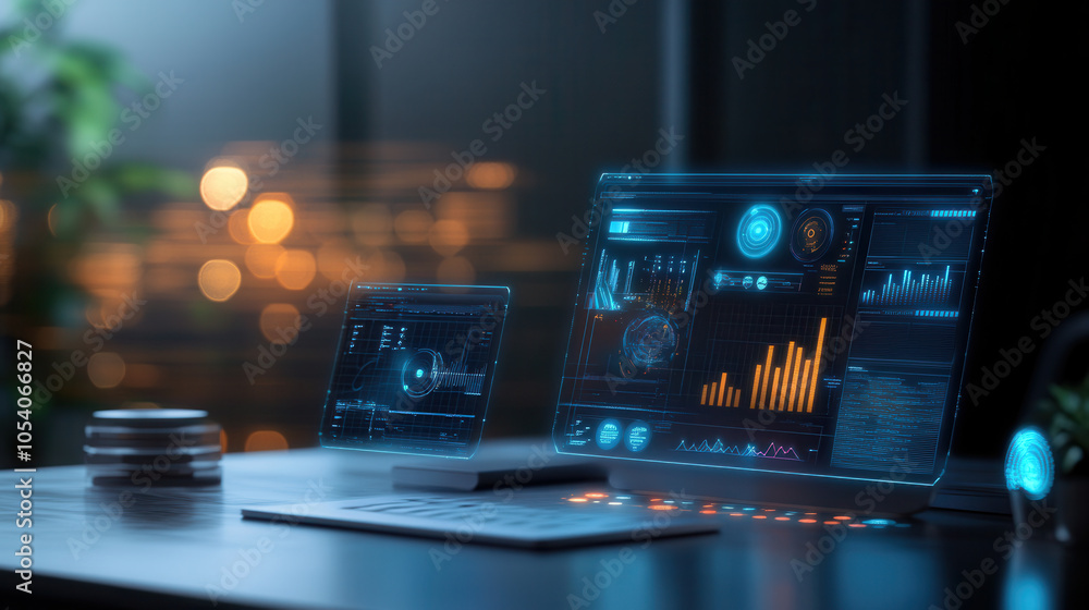 Poster futuristic workspace featuring advanced augmented reality tools, showcasing data visualizations and 