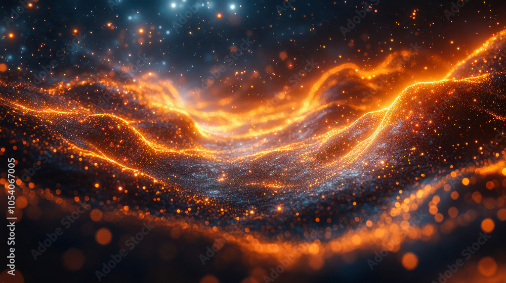 Aufkleber abstract digital wave with glowing orange particles against a dark backdrop, symbolizing data flow a