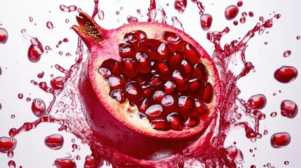 A high-speed capture of vibrant red pomegranate juice, droplets radiating in a radial splash pattern, with a white background and room for ad content