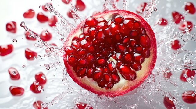 A high-speed capture of vibrant red pomegranate juice, droplets radiating in a radial splash pattern, with a white background and room for ad content