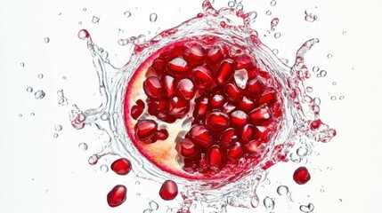A high-speed capture of vibrant red pomegranate juice, droplets radiating in a radial splash pattern, with a white background and room for ad content