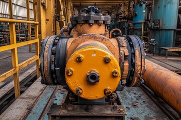 Detailing a vibrant industrial pump in a bustling manufacturing facility. Generative AI