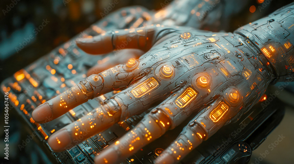 Poster a robotic hand with illuminated circuits, symbolizing advanced robotics, artificial intelligence, an
