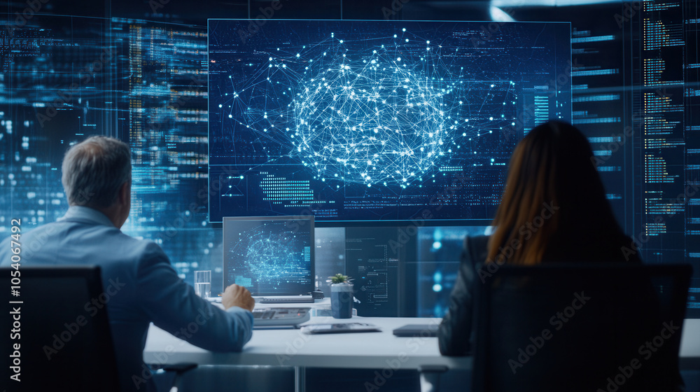 Poster innovative professionals analyzing data on multiple screens in modern office environment, showcasing