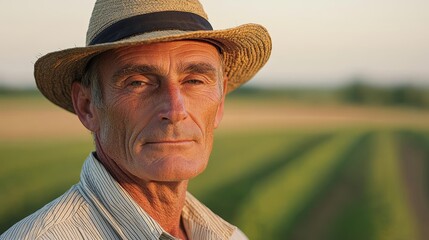 Fototapeta premium Portrait of a resilient farmer in a serene landscape capturing the essence of rural life and agriculture's enduring spirit