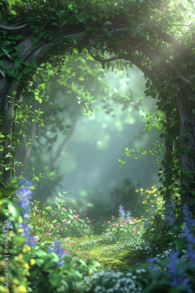 Poster lush green forest with a large archway in the middle. the archway is surrounded by a variety of flow