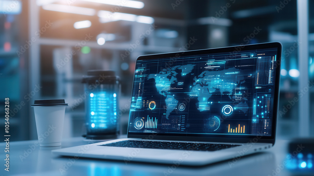 Aufkleber modern workspace featuring laptop displaying digital world map and data analytics, accompanied by co