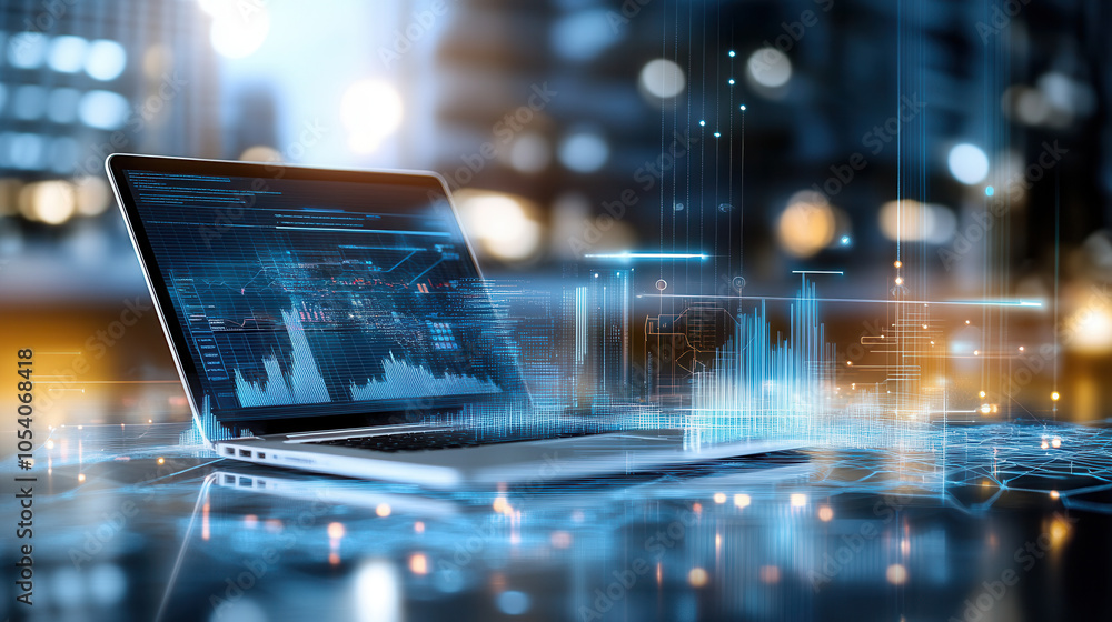 Aufkleber modern laptop displaying data analytics and digital graphs, set in vibrant urban environment. scene 